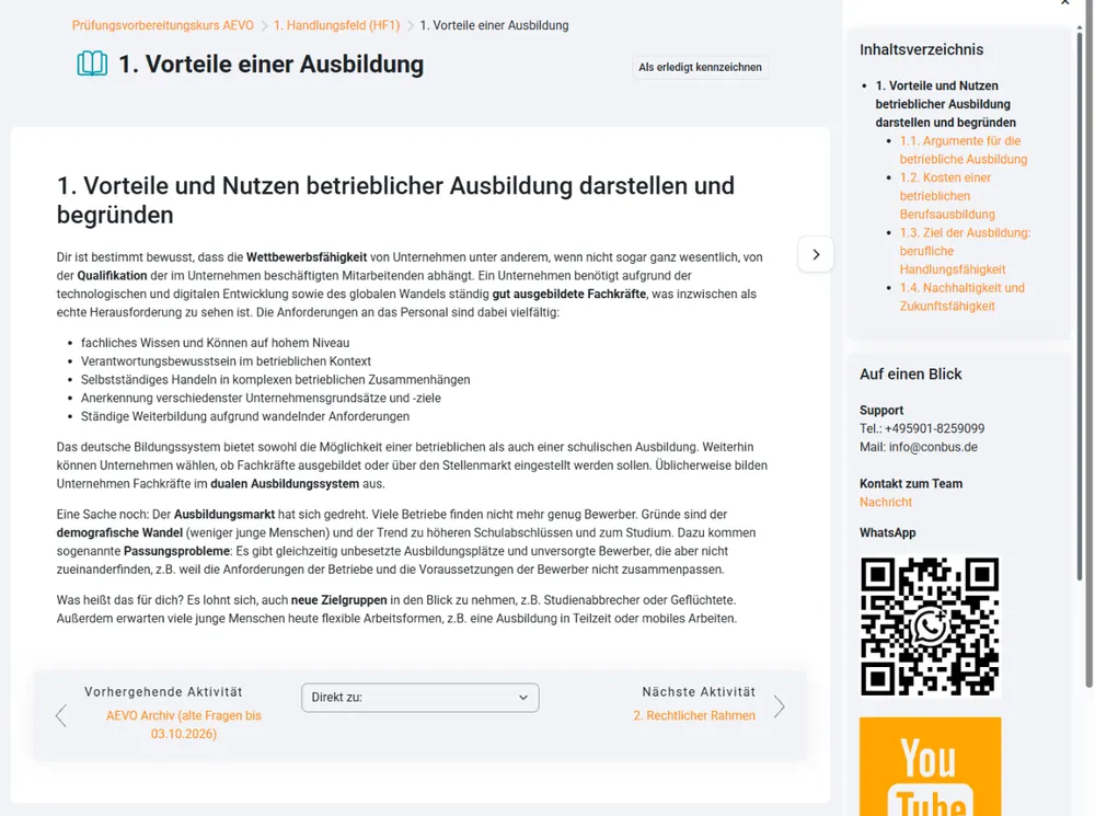 Lerneinheit mit Inhaltsverzeichnis in der Lernplattform