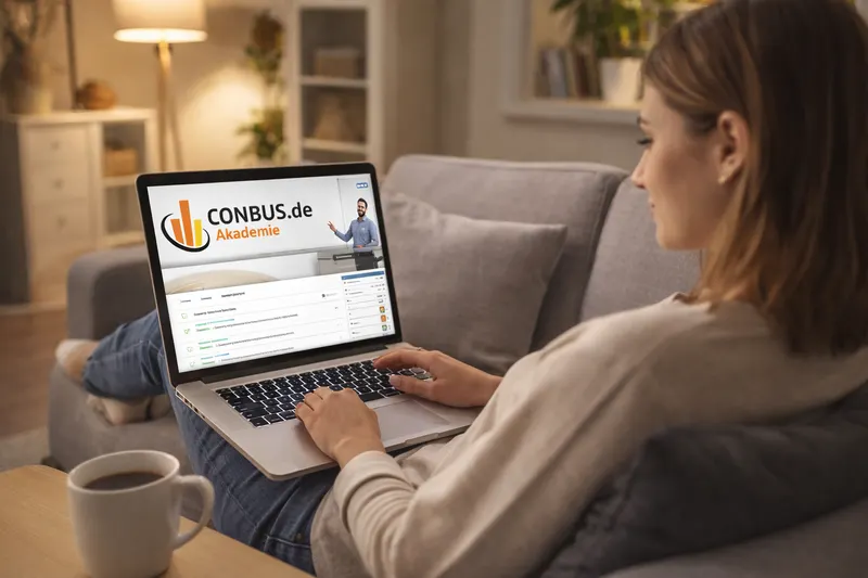 Frau lernt am Laptop auf dem Sofa mit der CONBUS-Lernplattform